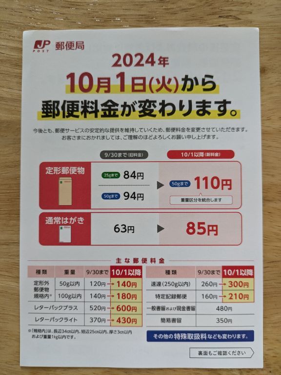 2024年10月　郵便料金値上げ